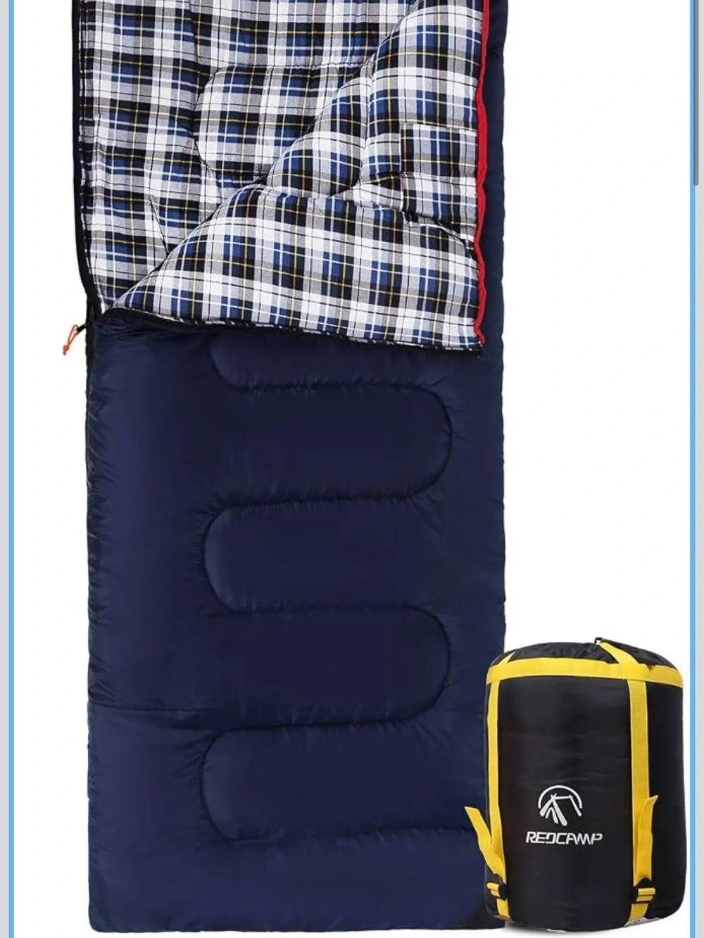 Set of 2 :Redcamp Navy Blue Sleeping Bag with Plaid Lining for camp